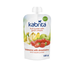 Kabrita banānu, zemeņu un ābolu biezenis ar saldo krējumu no kazas piena bērniem no 6 mēnešu vecuma, 100g